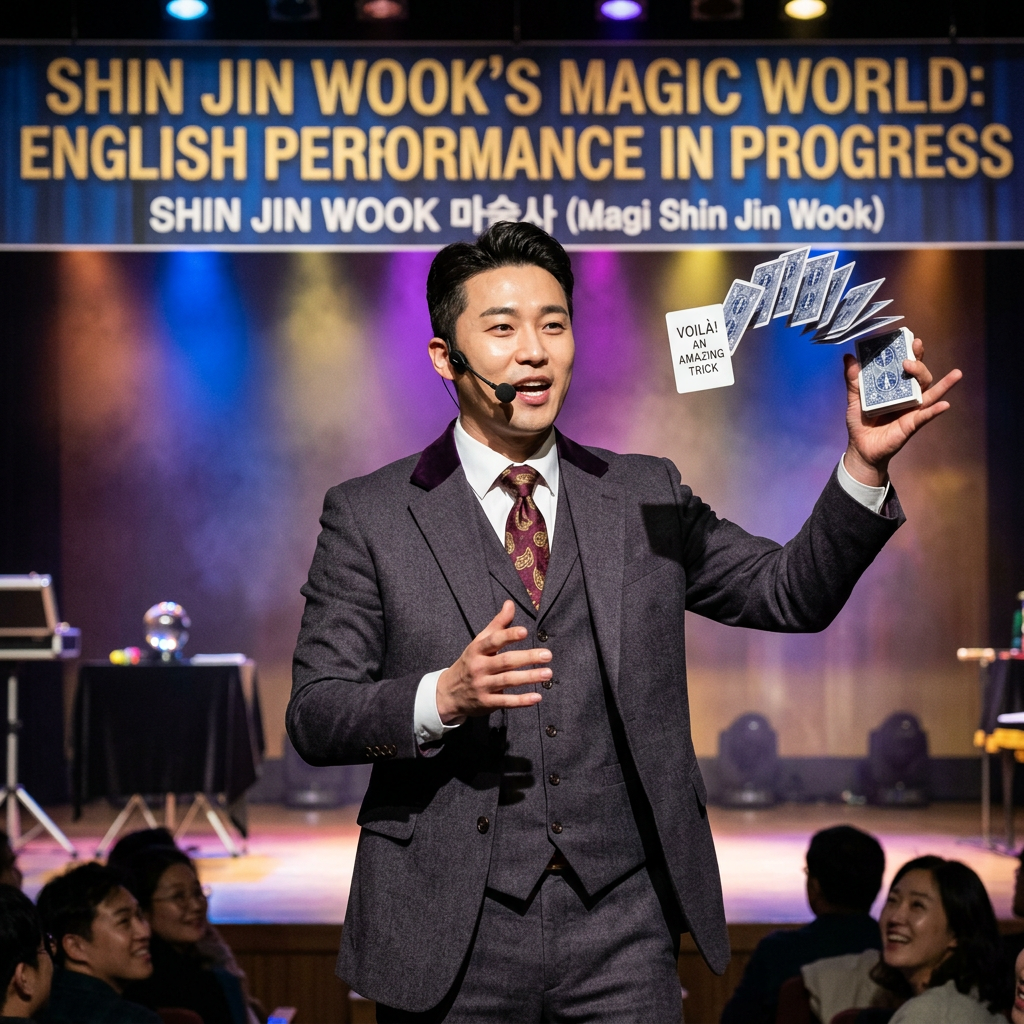 Shin Jin Wook performs a card trick onstage beneath text reading “SHIN JIN WOOK’S MAGIC WORLD: ENGLISH PERFORMANCE IN PROGRESS” and “SHIN JIN WOOK 마술 (Magi Shin Jin Wook),” while holding a card fan and a sign reading “VOILÀ! AN AMAZING TRICK.”
